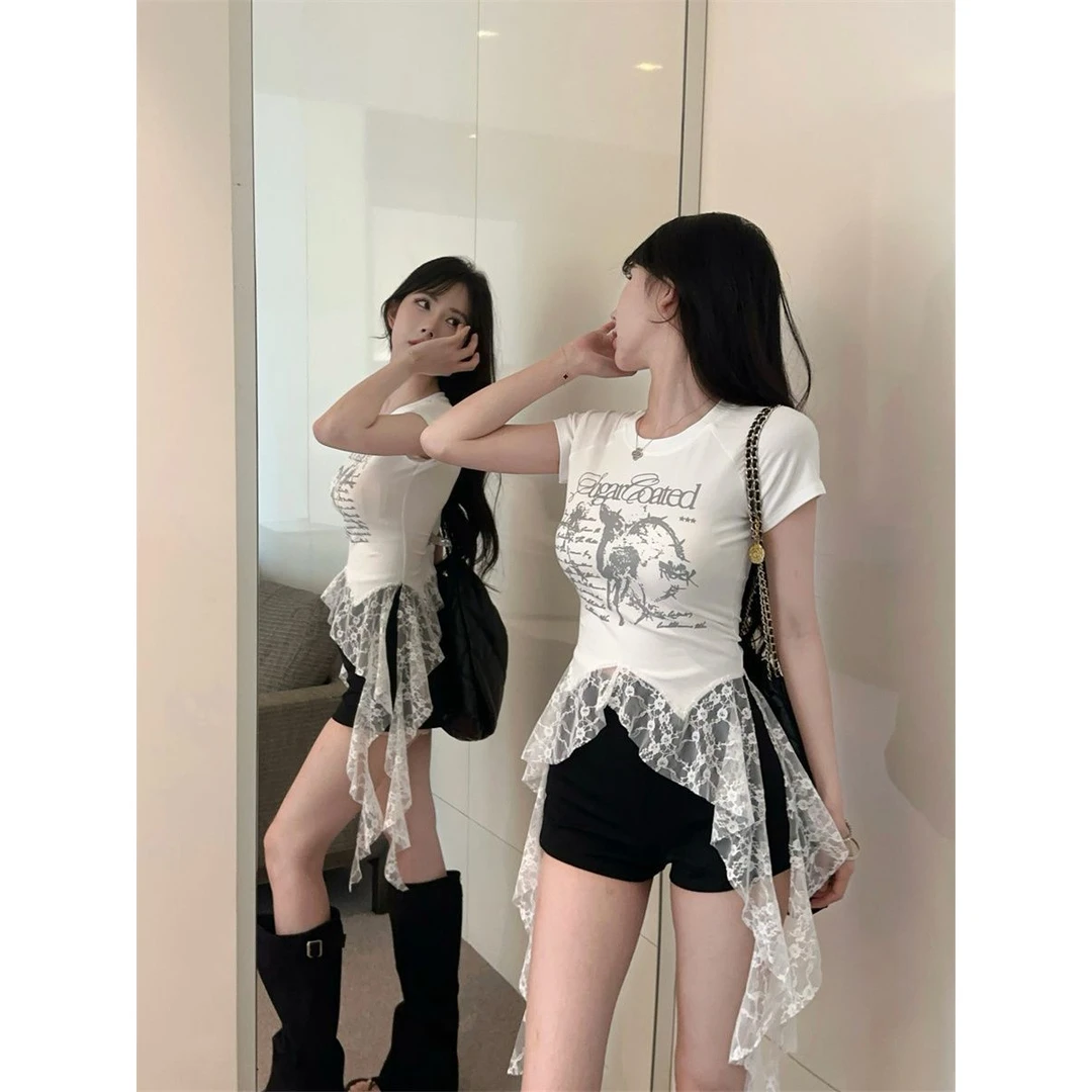 美式辣妹印花黑色短袖T恤女夏季设计感蕾丝拼接飘带修身气质上衣