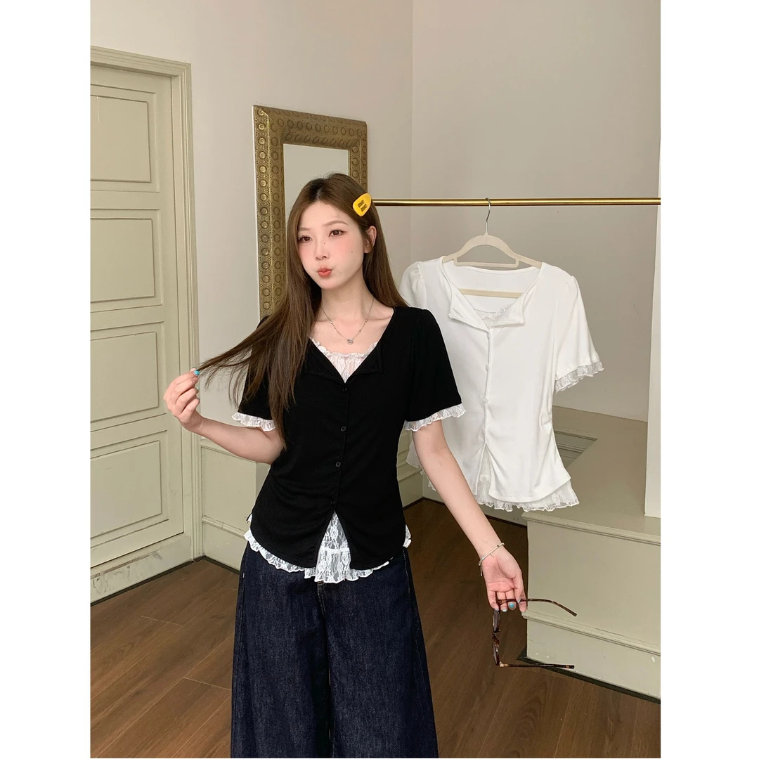 清大码胖mm遮肉显瘦蕾丝拼接上衣2025夏季假两件正肩短袖T恤64581