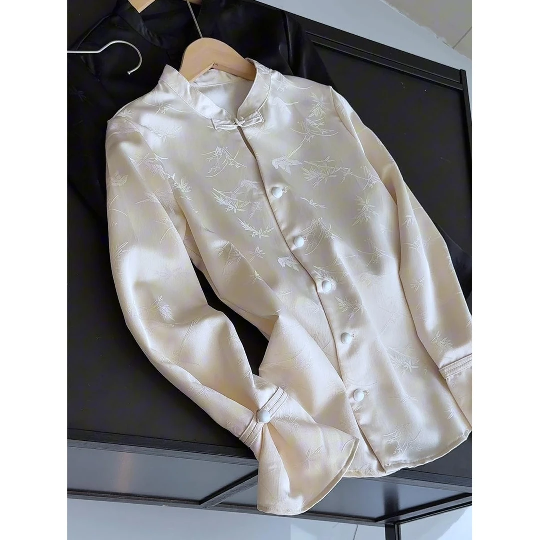 新中式女装外套2025春夏提花修身长袖轻国风立领衬衫上衣