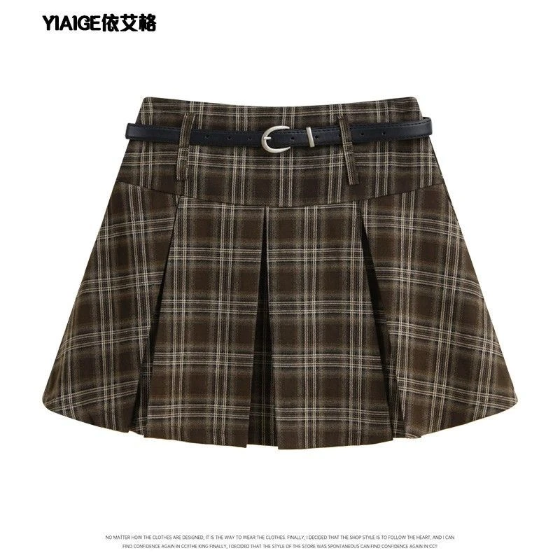 美式复古半身裙女咖色格子学院风高腰显瘦jk百褶裙气质休闲短裙子