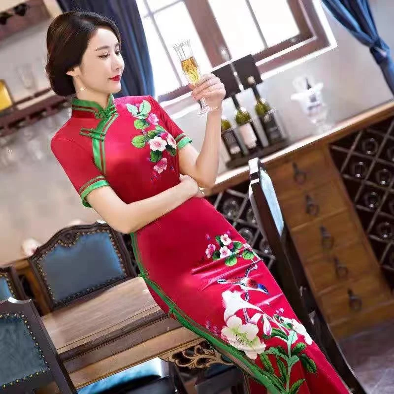 2025新款春季改良短袖妈妈装复古旗袍裙