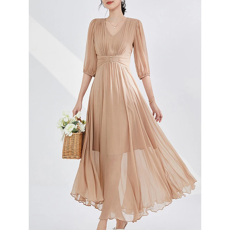 重工真丝碎花连衣裙2025春夏法式桑蚕丝气质显瘦连衣裙女夏季