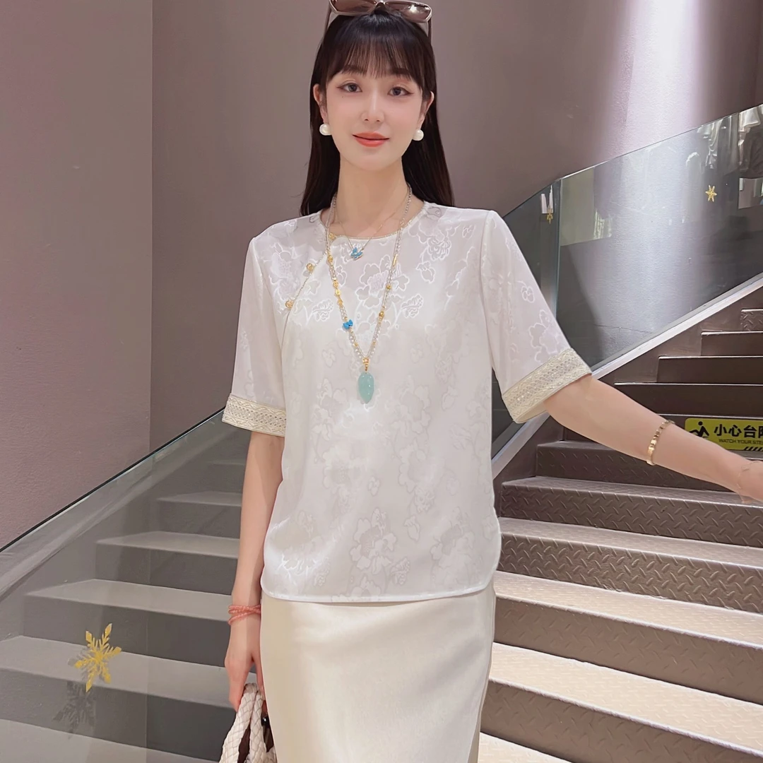 《秀秀定制》时尚夏季百搭复古宽松圆领气质印花提花衬衫4415