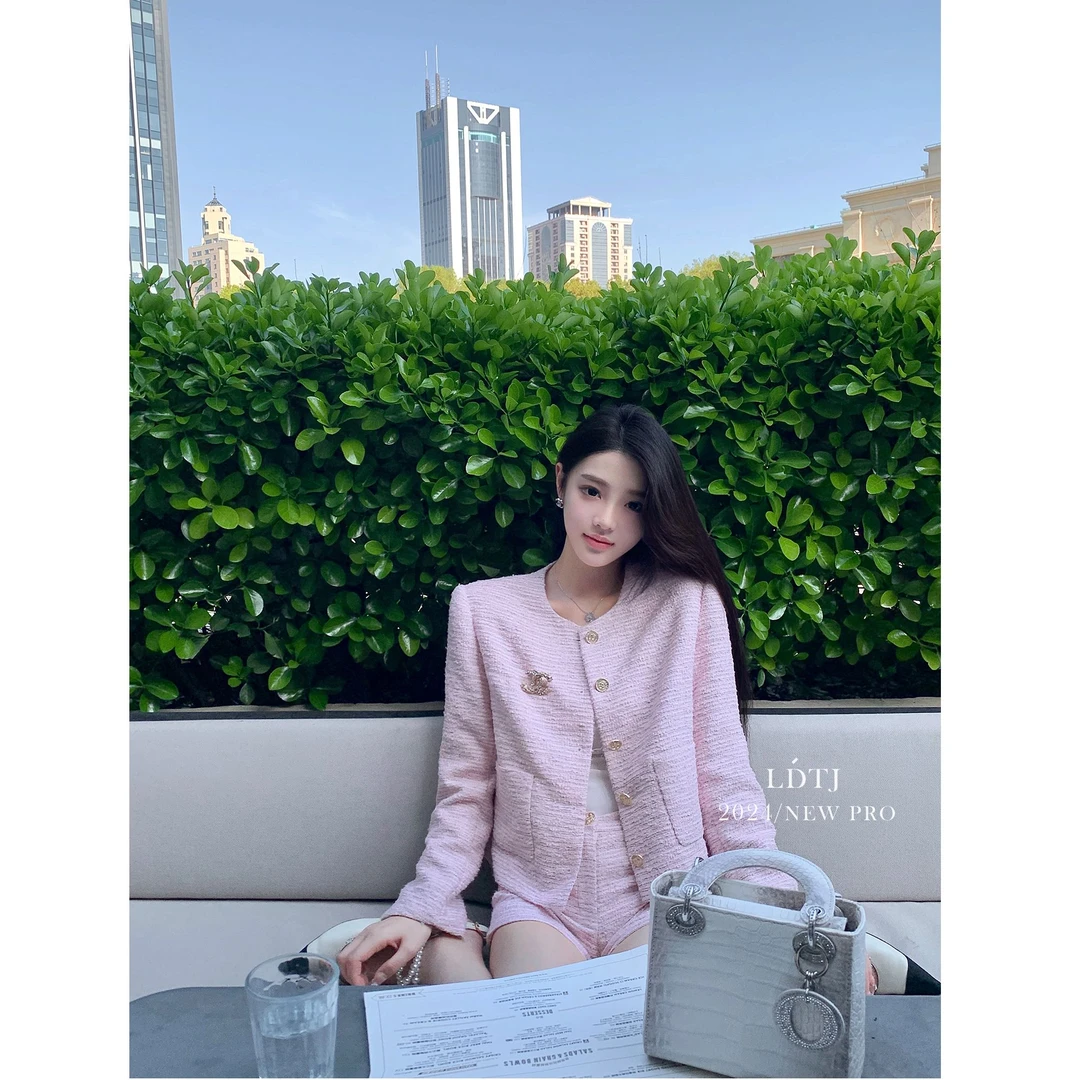 LDTJ高定外套 秋粉色条纹显瘦气质名媛小香风减龄上衣短裤女