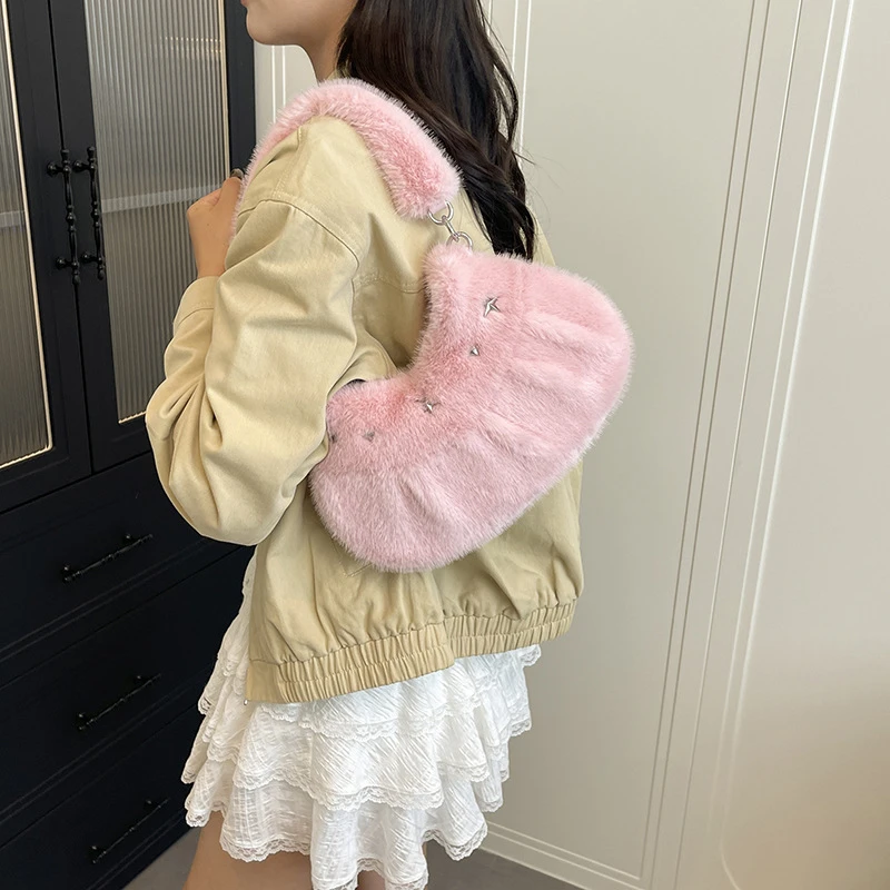 包包甜美毛毛手提腋下包你2025冬新款毛绒绒链条单肩包百搭斜挎包