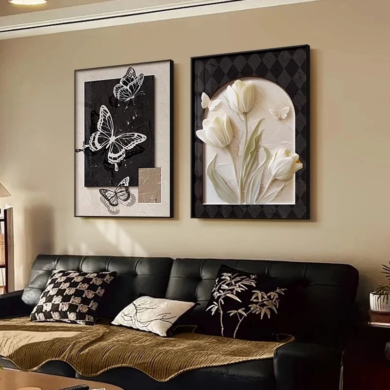 中古风客厅装饰画法式复古餐厅饭厅壁画蝴蝶高级感沙发背景墙挂画