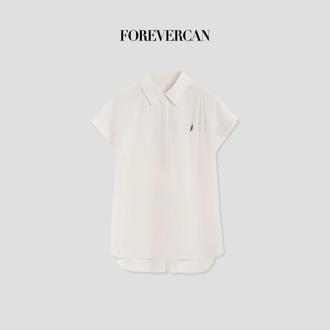 FOREVERCAN“素然”老钱风刺绣宽松短袖亚麻衬衫上衣 ST21701