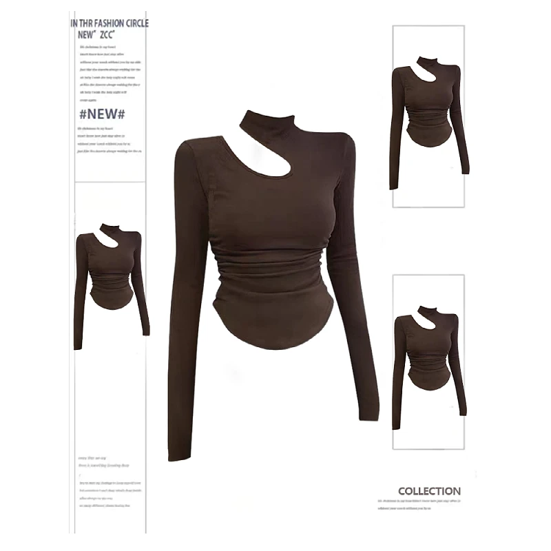 大码纯欲镂空加绒磨毛长袖T恤女秋冬胖mm设计感半高领打底衫上衣