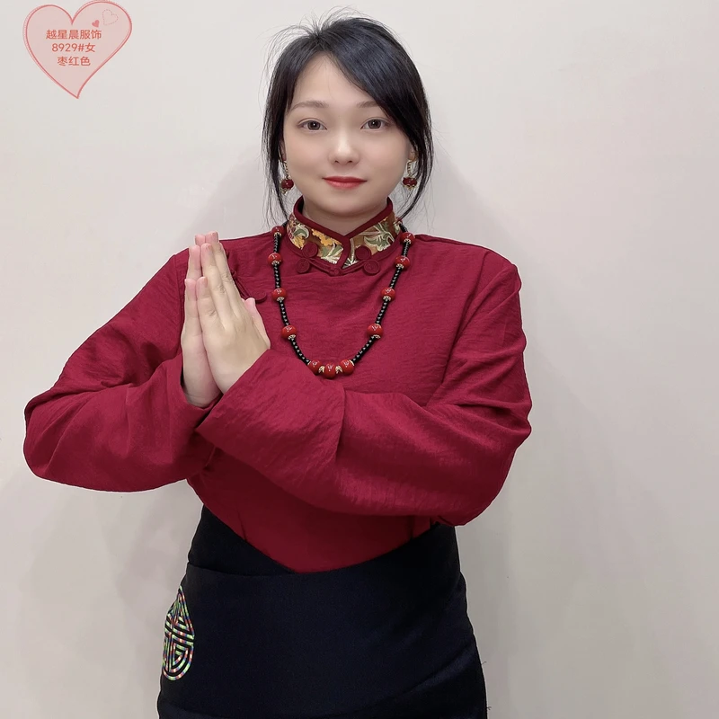 2025新款皱皱棉藏式配色领边女士衬衣手工盘扣西藏服女款衬衫上衣