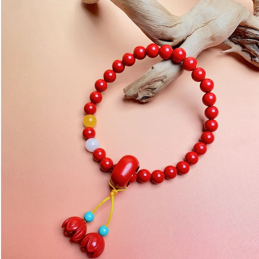 含辰砂工艺品朱砂卡6手串并蒂莲加跑环设计