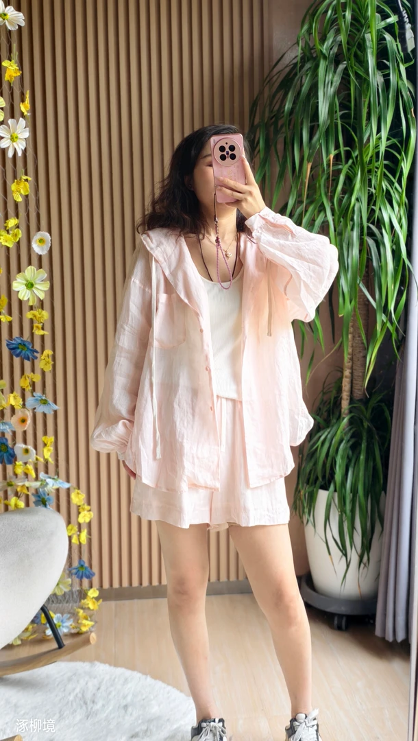 《超细支苎麻》2025新款春夏长袖防晒两件套短裤时尚套装减龄6008