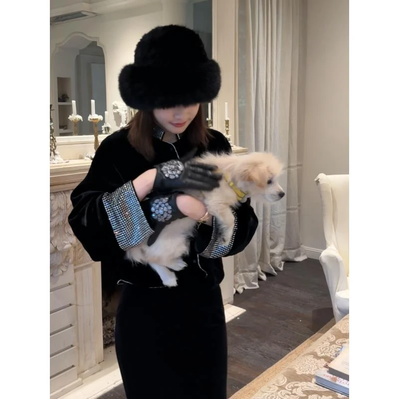 LUXURYMEMO【主角】时尚秋冬气质烫钻短棉服外套