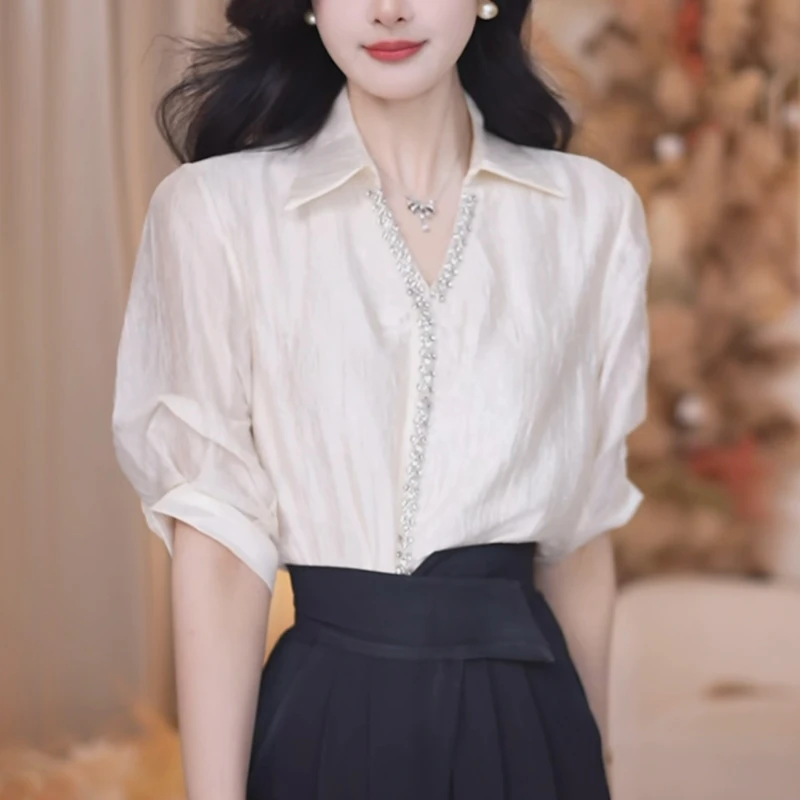 2025夏季新款法式V领衬衫女重工烫钻宽松显瘦减龄高级感上衣