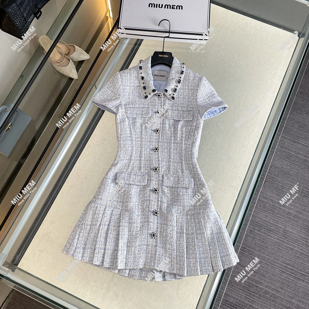 现货新款法式小香风编织粗花呢镶钻翻领连衣裙短裙MU3402
