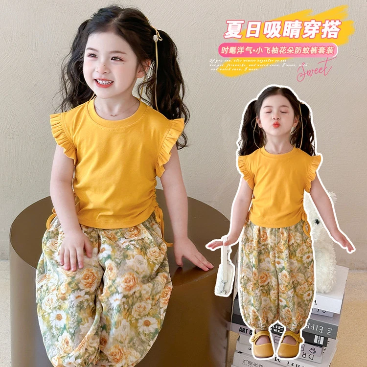 女童套装夏季2025新款洋气儿童飞袖夏装韩版时髦女宝宝两件套炸街