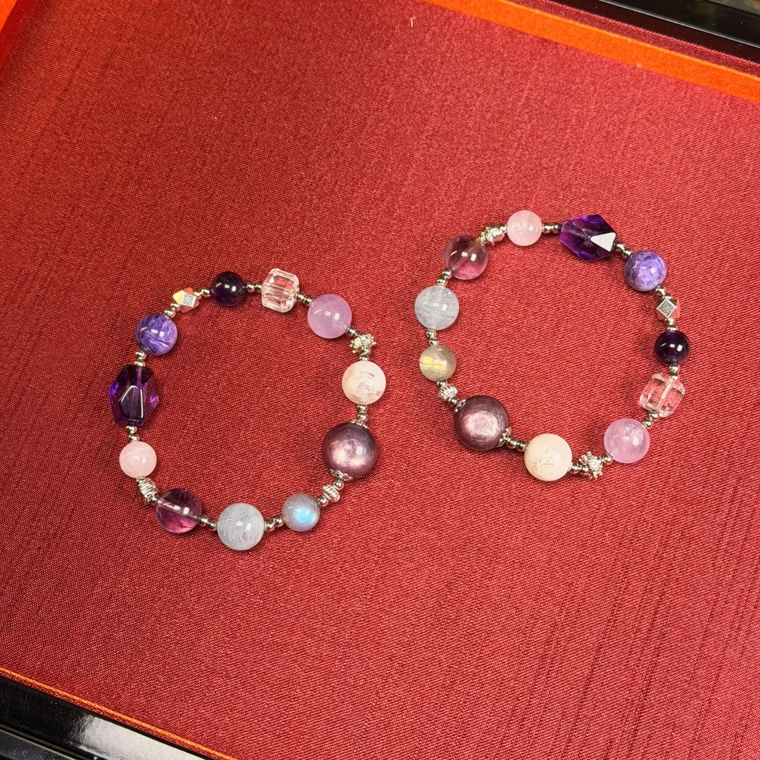 锦月【九紫】天然紫水晶紫龙晶白幽灵紫锂辉设计款手串 多样性发一