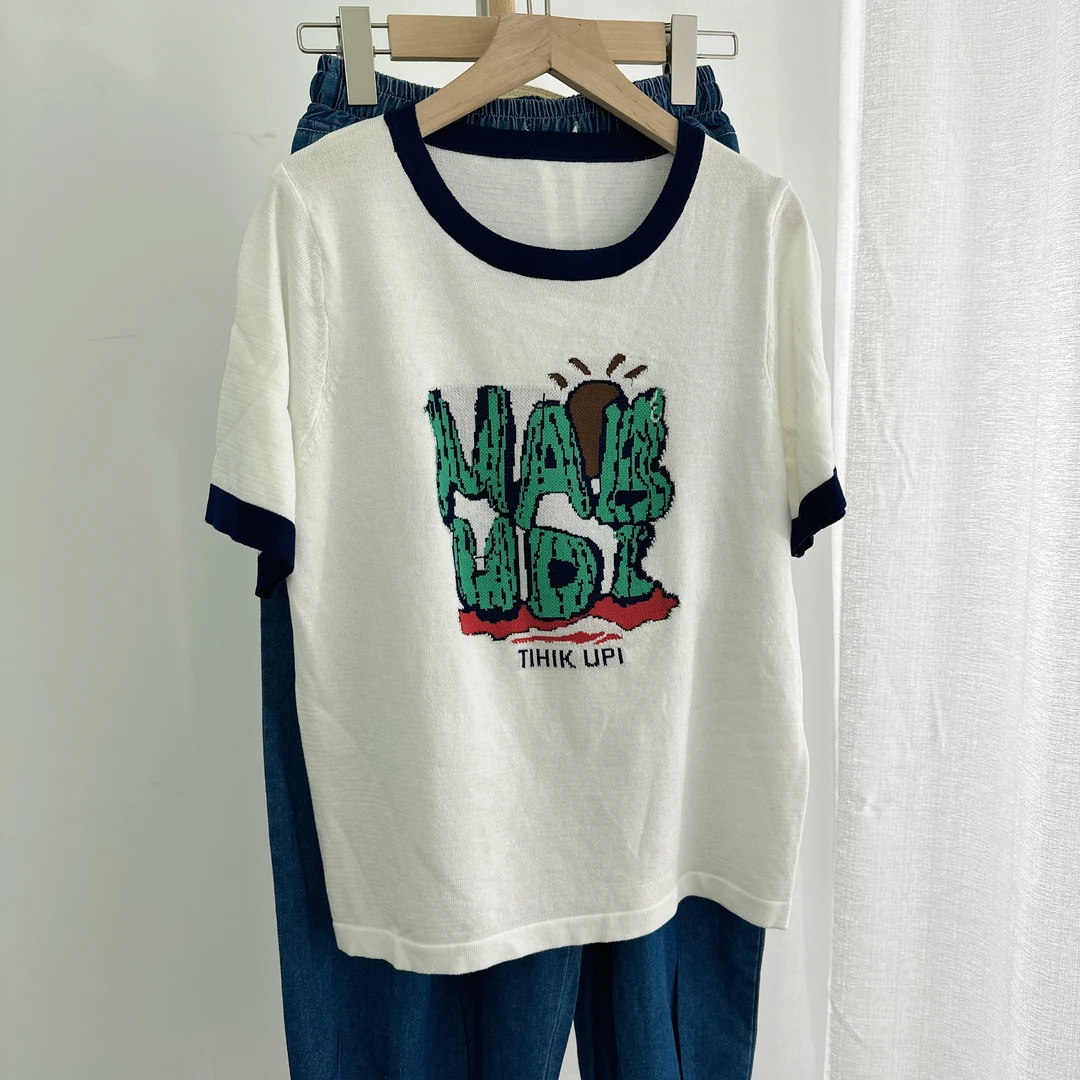 [欢欢家]-2025新款夏款圆领套头短袖仙人掌上衣白色简约百搭休闲