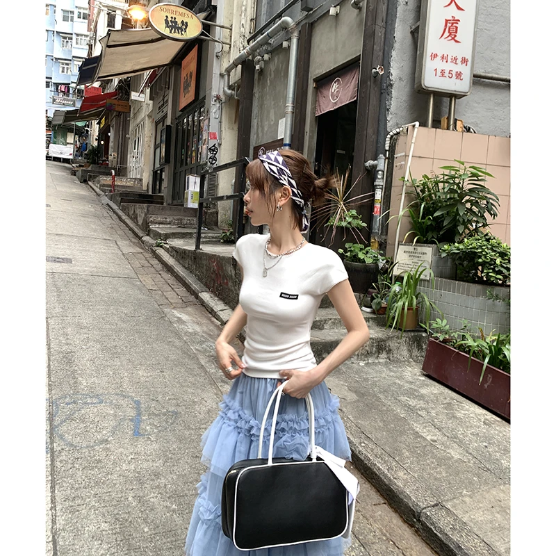 【喵系少女】MIU系纯色正肩短袖T恤女紧身显瘦上衣4152