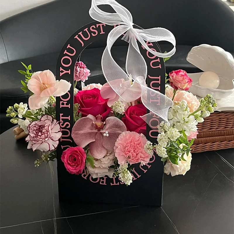 鲜花手提盒花艺鲜花diy材料英文烫金包装盒花盒花篮花店资材用品