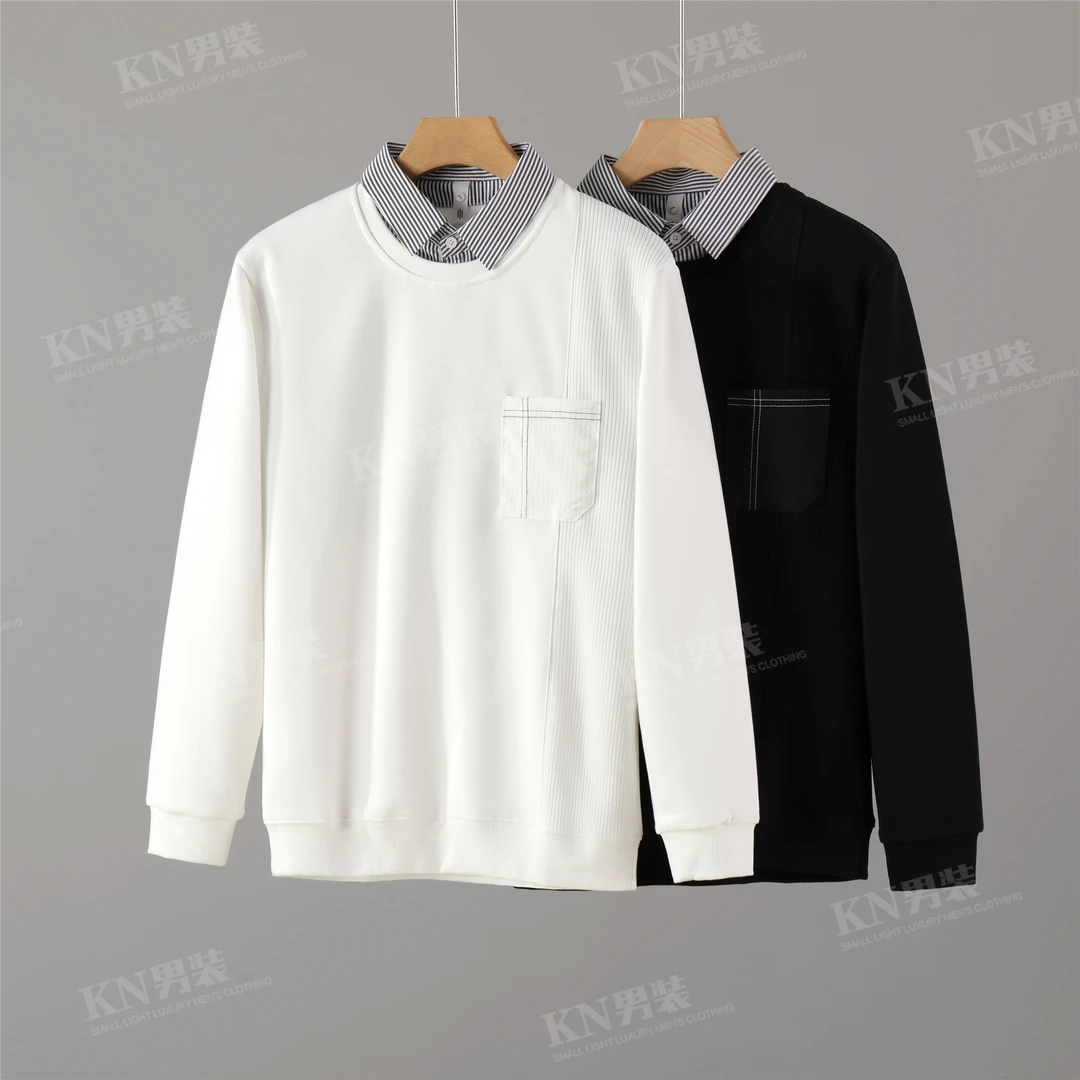 2025秋季气质条纹衬衫领假两件卫衣拼接贴布口袋潮流百搭上衣男士