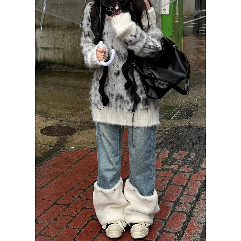 【可拆卸裤腿】深蓝色弯刀牛仔裤女2025冬设计感摇粒绒腿套直筒裤子