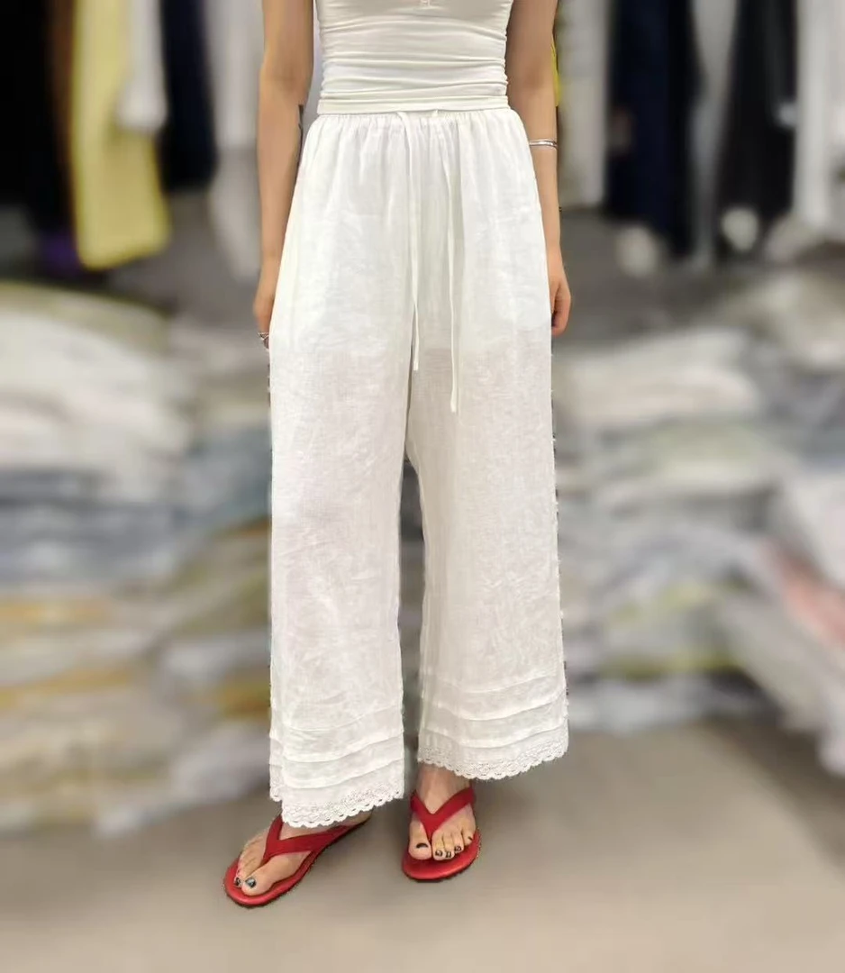 亚麻九分直筒裤，裤口褶皱花边