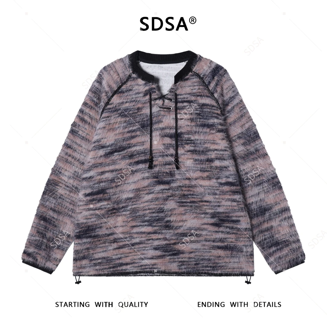 SDSA秋冬新款痞帅男装潮牌绒毛撞色抽绳卫衣百搭宽松慵懒风上衣