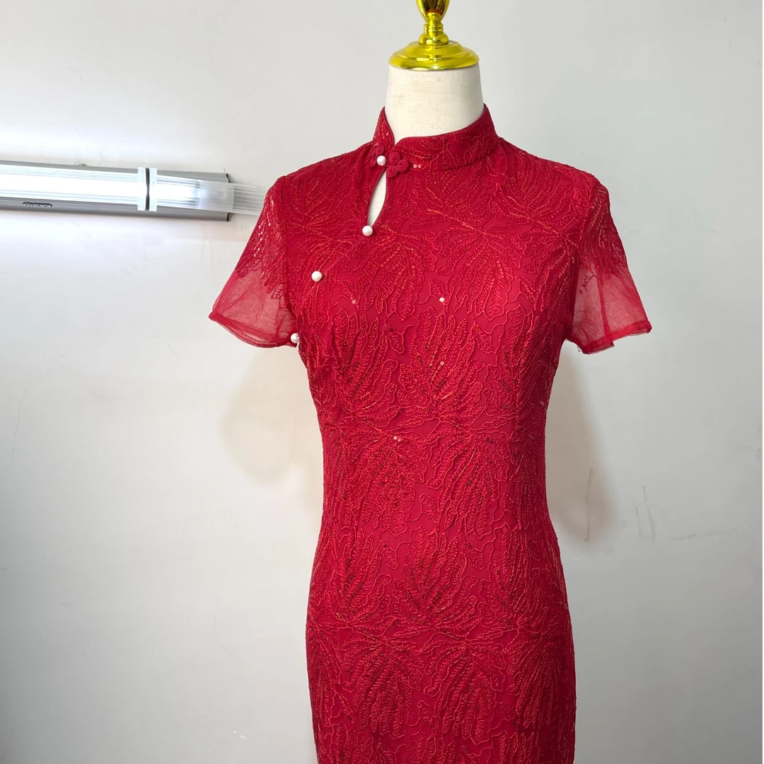 红色改良旗袍敬酒服新娘订婚长款连衣服重磅蕾丝亮片女礼服