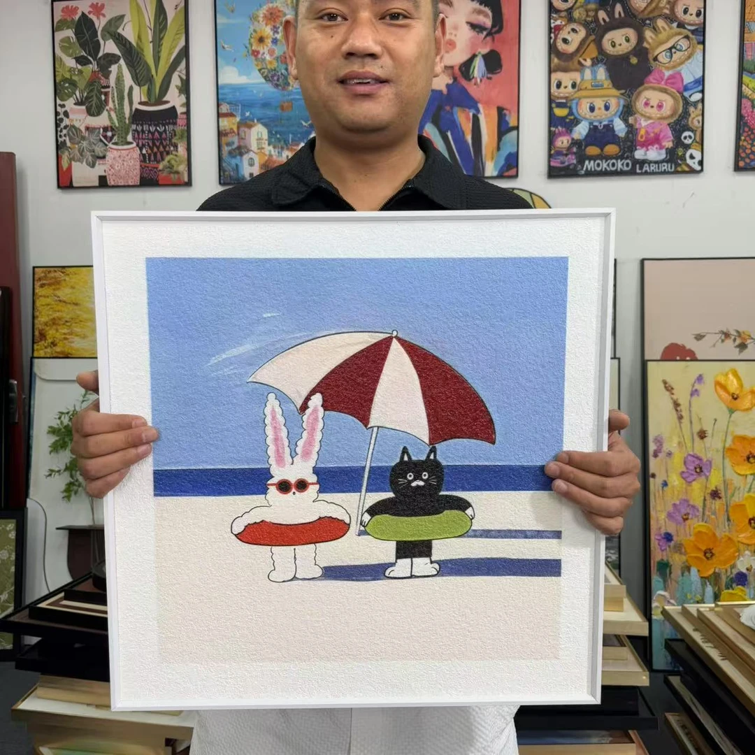 黑猫白兔卡通趣味动物挂画温馨奶油风卧室房装饰画5050