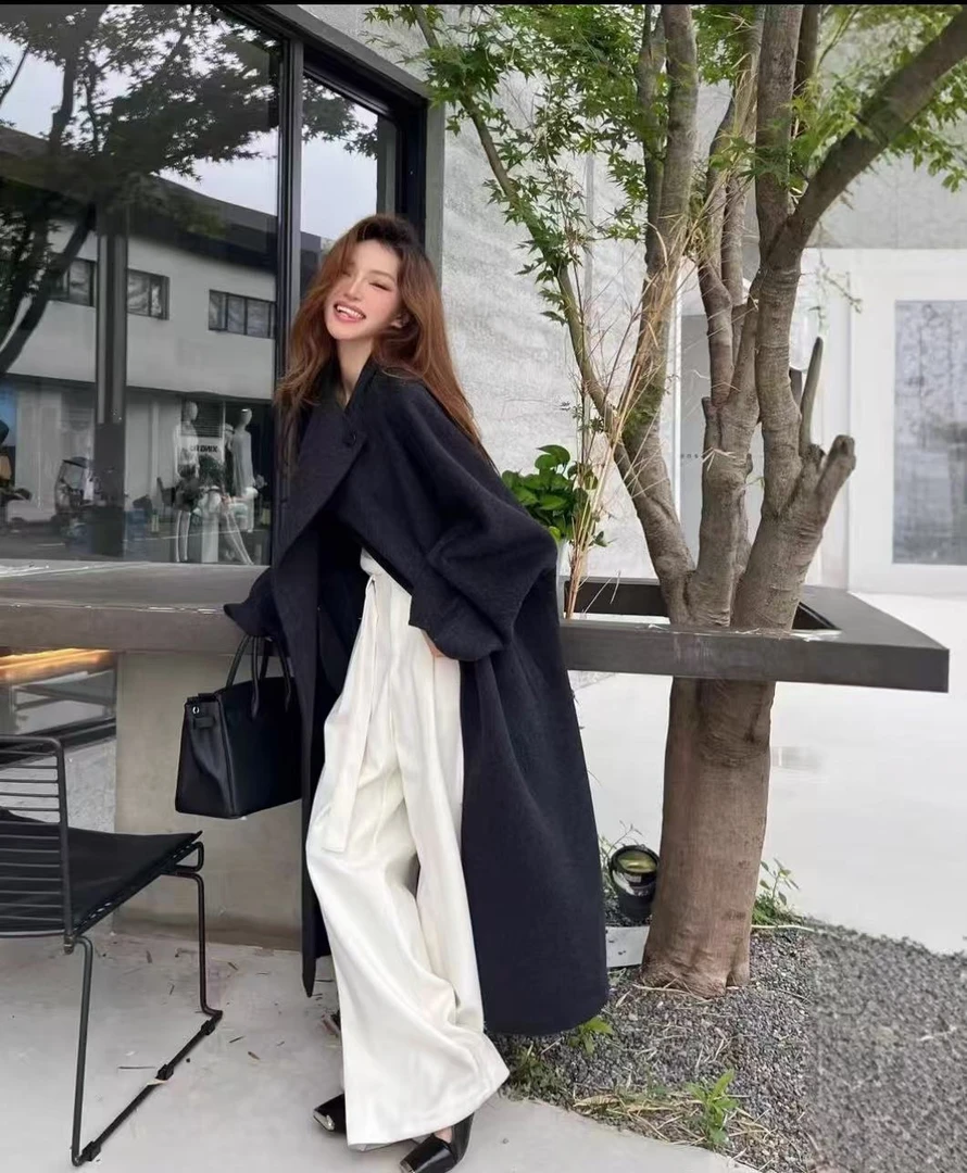 休闲风翻领长款宽松型女羊毛外套秋冬中长款ins风#5016