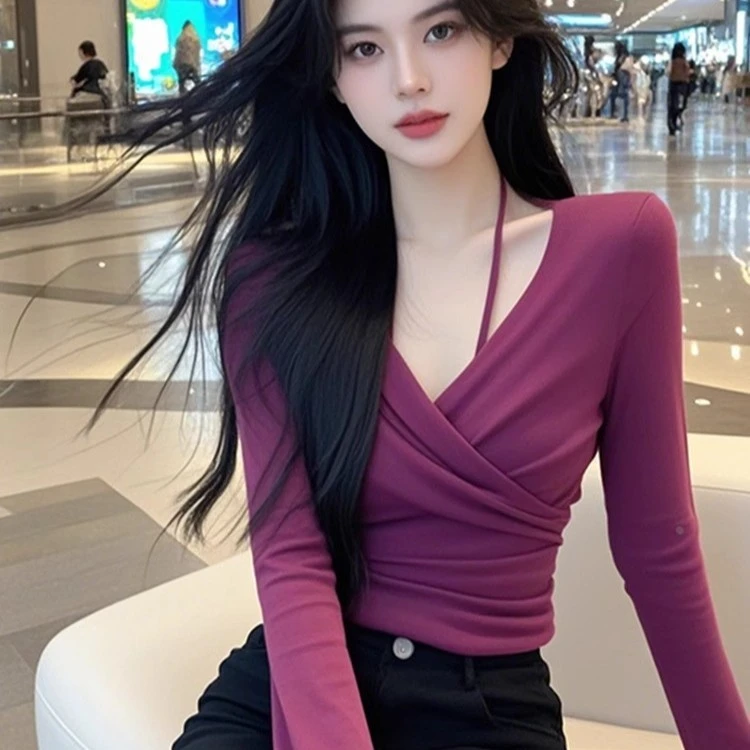 性感纯欲风褶皱V领长袖内搭打底衫女秋冬新款时尚修身百搭T恤上衣