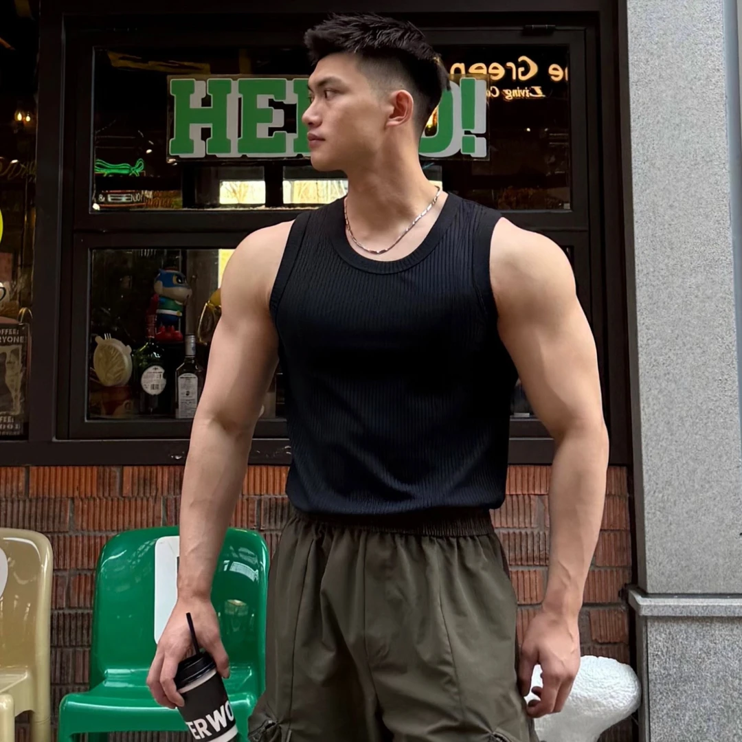 美式夏季重磅310克背心男无袖拼接显大弹力健身坎肩男款T恤