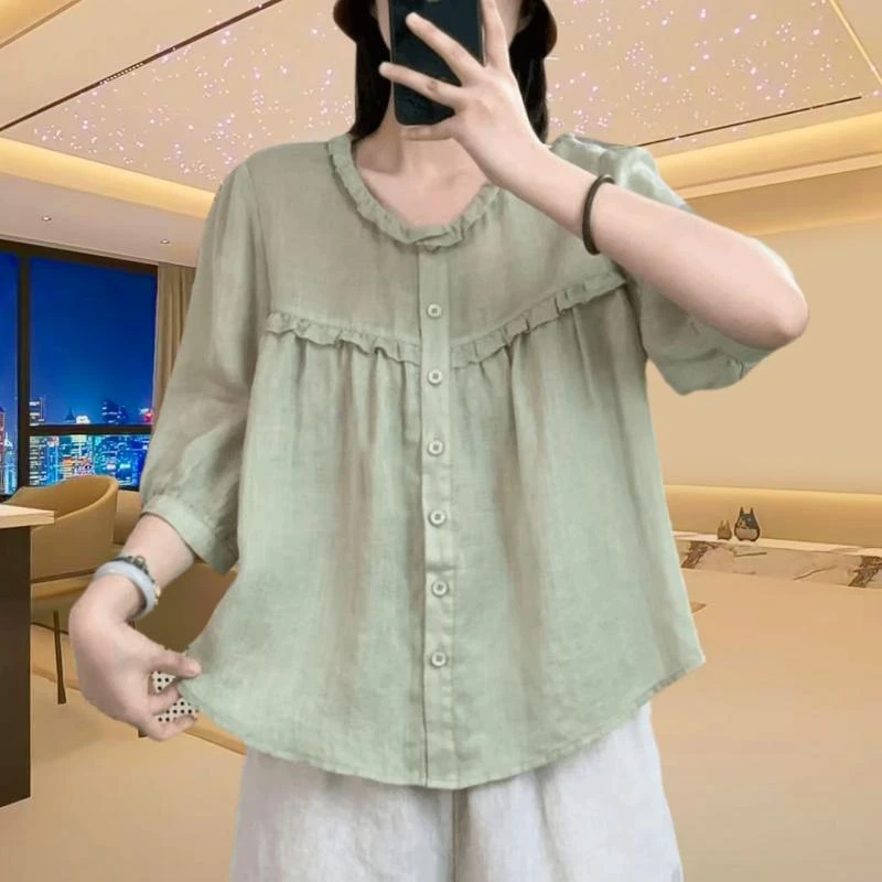 薄款妈妈装衬衫夏季新款宽松休闲气质减龄显瘦圆领花边短袖上衣女