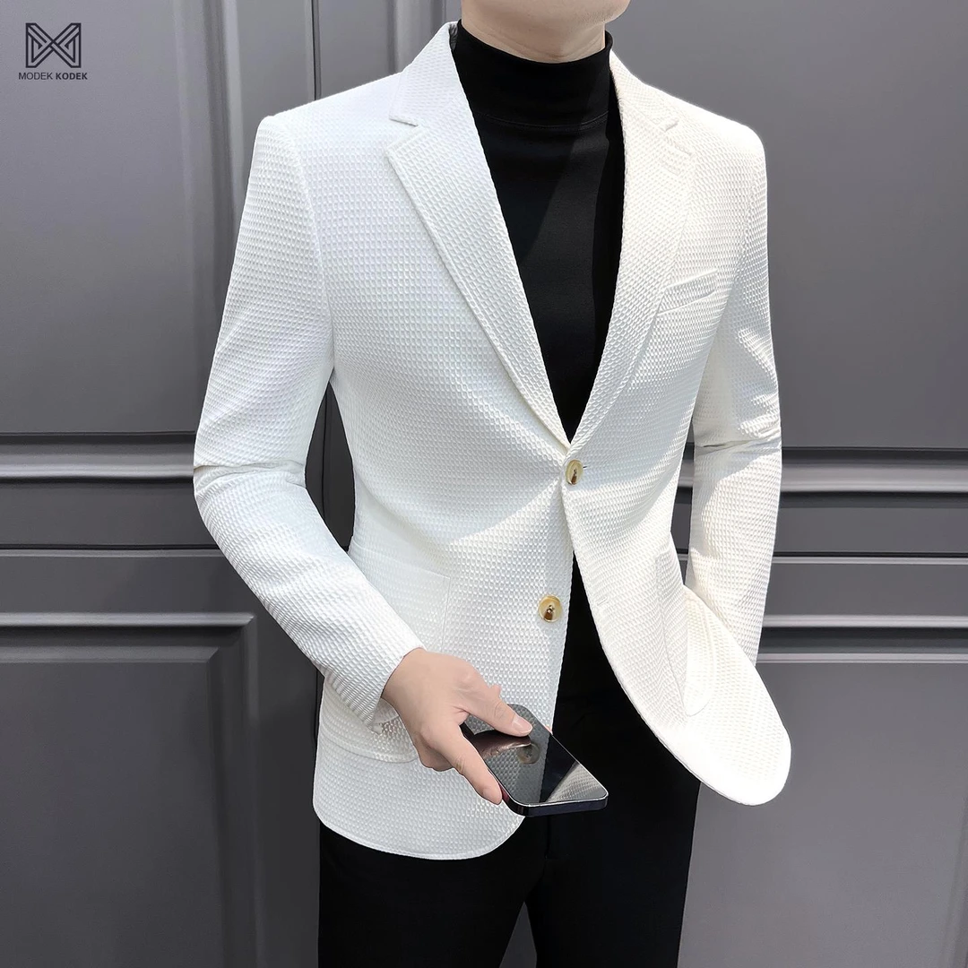MODEK KODEK华夫格男士西装外套2025年秋季新款时尚轻奢休闲西服
