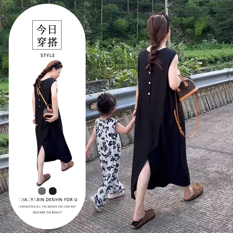 法式高级感背扣开叉无袖连衣裙女装夏季2025新款气质宽松中长裙子