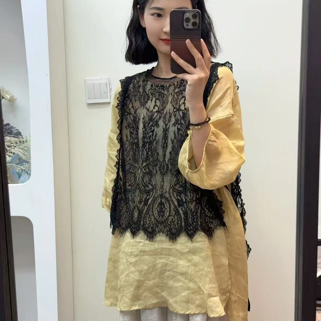 【羽翎】新款苎麻蕾丝镂空清凉透气女士衬衫 533