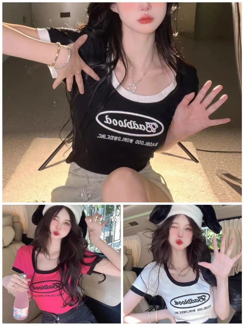 夏季正肩新款韩版字母拼色短袖T恤胖mm大码女装休闲宽松上衣