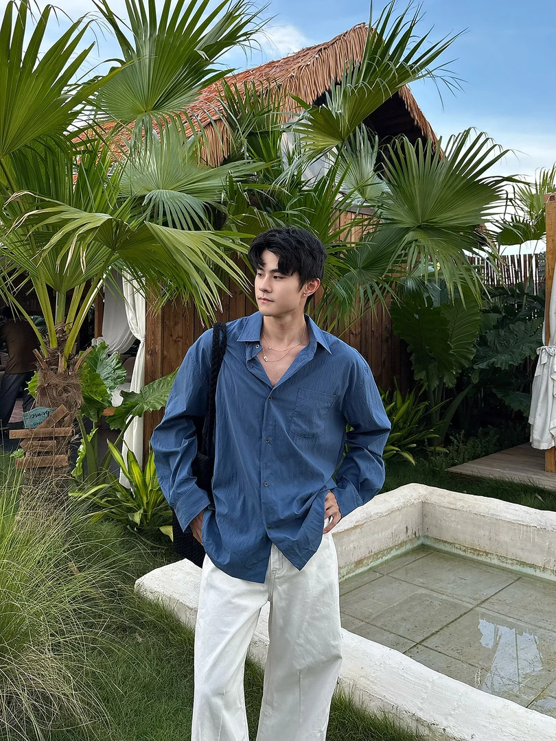 【Bella美学】Bloom Studio秋季慵懒简约松弛感蓝色衬衫百搭上衣