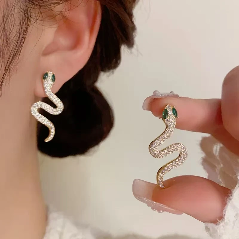 铜合金耳饰 EH93金色小蛇轻奢满锆石手工时尚简约长款气质耳钉