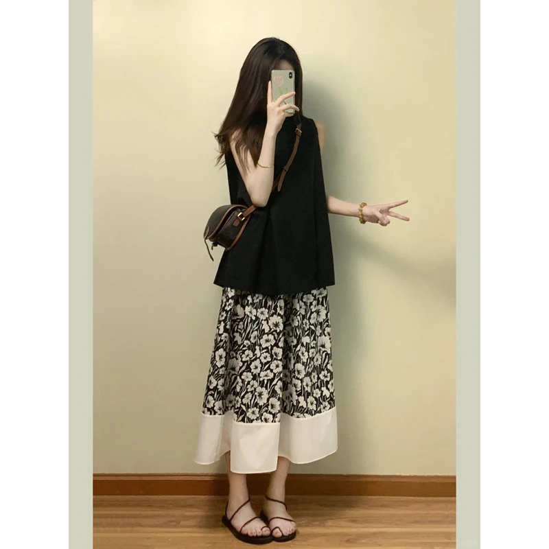 2025夏装搭配一整套女黑色木耳边衬衫上衣搭配碎花半身裙两件套女