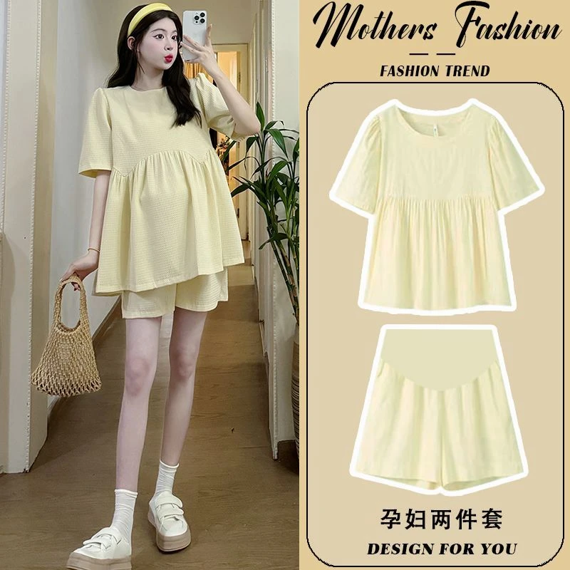 孕妇装夏季休闲小众可爱甜美减龄孕妇短袖上衣+托腹短裤两件套装