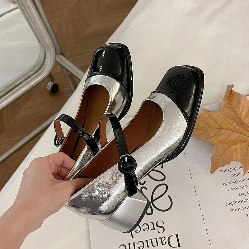 955/4CM牛皮法式秋季浅口粗跟拼色单鞋夏季玛丽珍鞋春季皮鞋