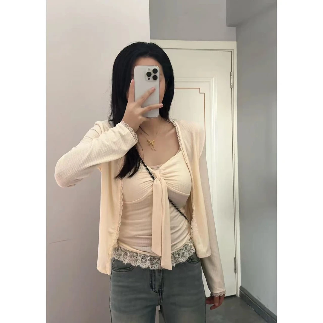 25101气质温柔蕾丝针织吊带开衫女秋冬修身款式