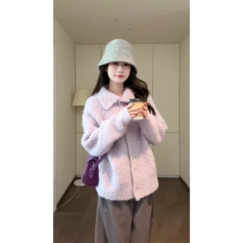 MARIE.COCO日系可爱粉紫色翻领慵懒软糯毛衣外套女秋冬阔腿休闲裤