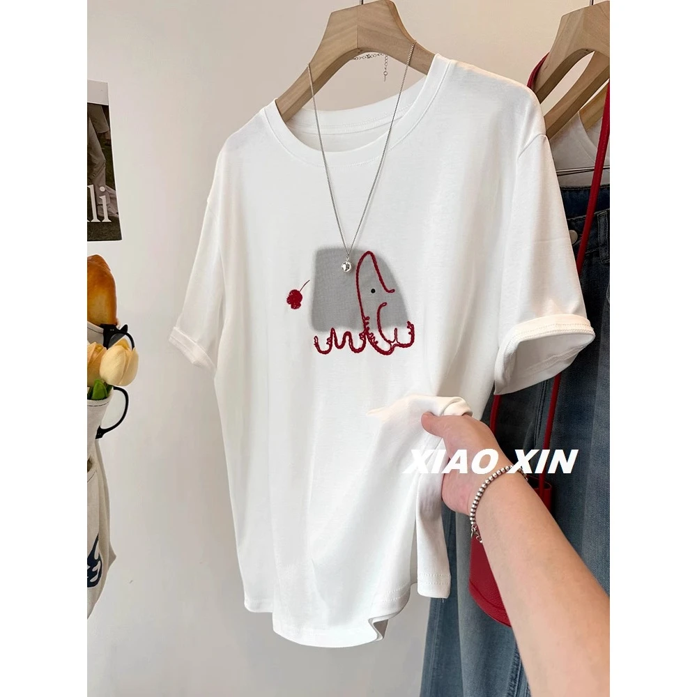 特大码300斤卡通刺绣鲸鱼印花短袖T恤女25夏季新款宽松休闲上衣棉