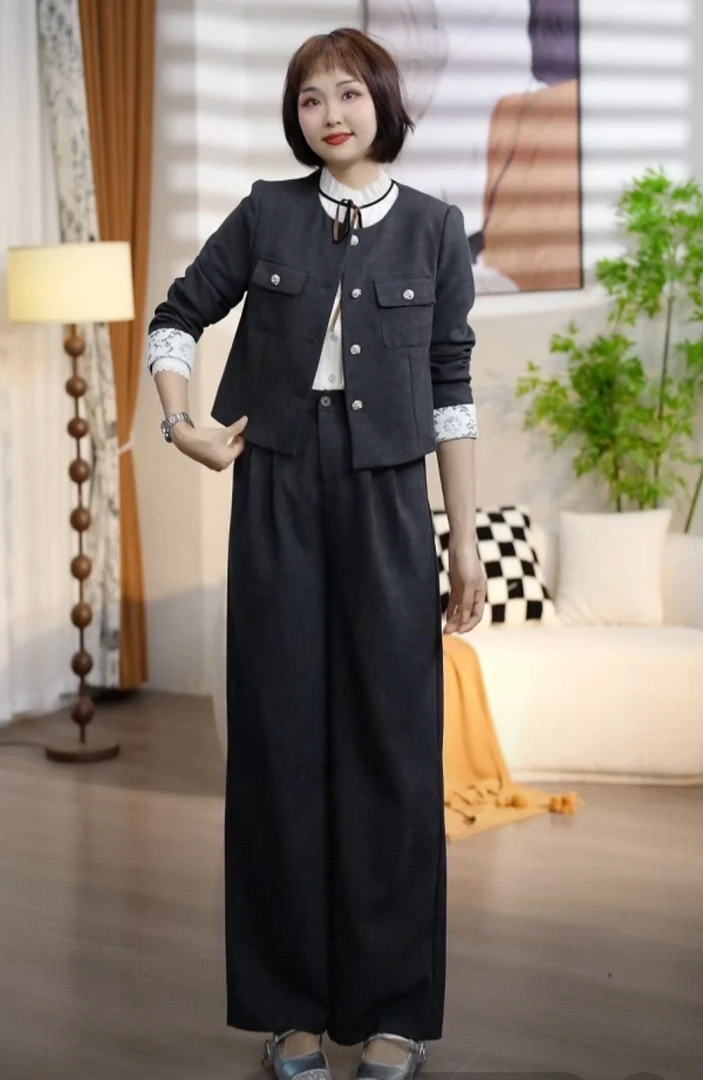 T058春款圆领西装两件套套裤DM7
