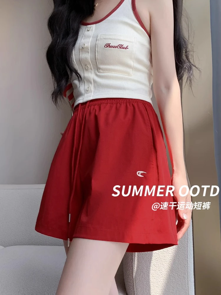 红色运动工装短裤女夏季薄款2025新款休闲外穿阔腿中裤速干五分裤