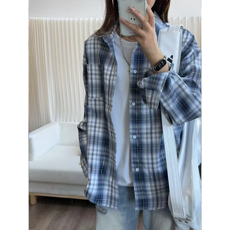 海盐汽水美式格子衬衫男生秋季高级感薄款复古格纹防晒衬衣外套