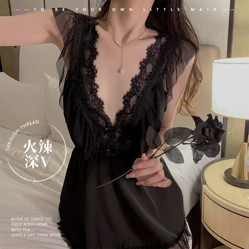 性感网纱深V低胸睡衣露背睡裙女家居服套装