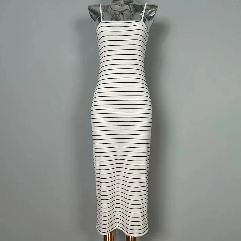 【素境】9801名媛条纹针织连衣裙高腰一字领包臀裙轻熟吊带女装性感
